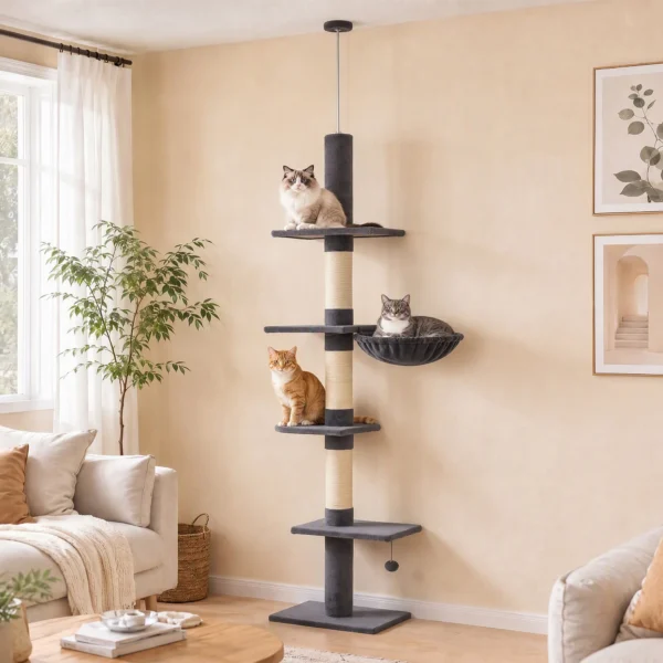 Ratzbaum Plafondhoog 225 255 Cm In Hoogte Verstelbare Kattenboom Met 5 Verdiepingen, 3 Sisal krabstammen, Hangmat, Platformen