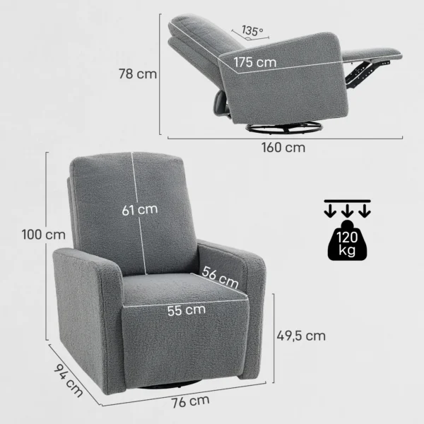 Relaxfauteuil, Ontspanningsstoel Met Fleece Hoes, Verstelbare Rugleuning, Gestoffeerde Stoel, Staal, Grijs