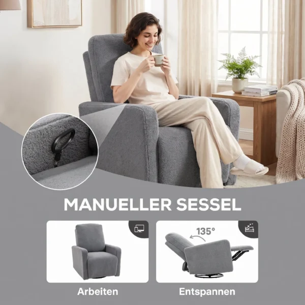 Relaxfauteuil, Ontspanningsstoel Met Fleece Hoes, Verstelbare Rugleuning, Gestoffeerde Stoel, Staal, Grijs