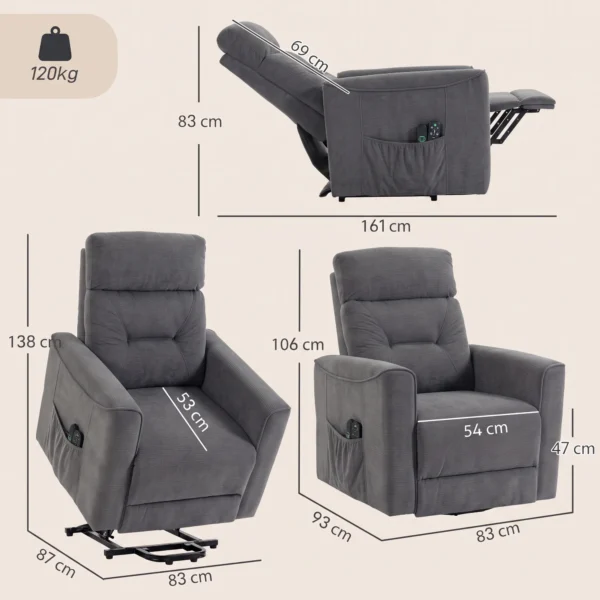 Relaxstoel Met Elektrische Opsta hulp, Massage & Verwarming, Chenille stoel Met Pocketvering, Donkergrijs