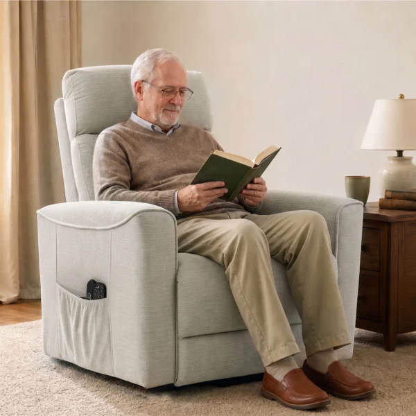 Relaxstoel Met Elektrische Opsta hulp, Massage & Warmte, Chenille stoel Met Pocketvering, Greige