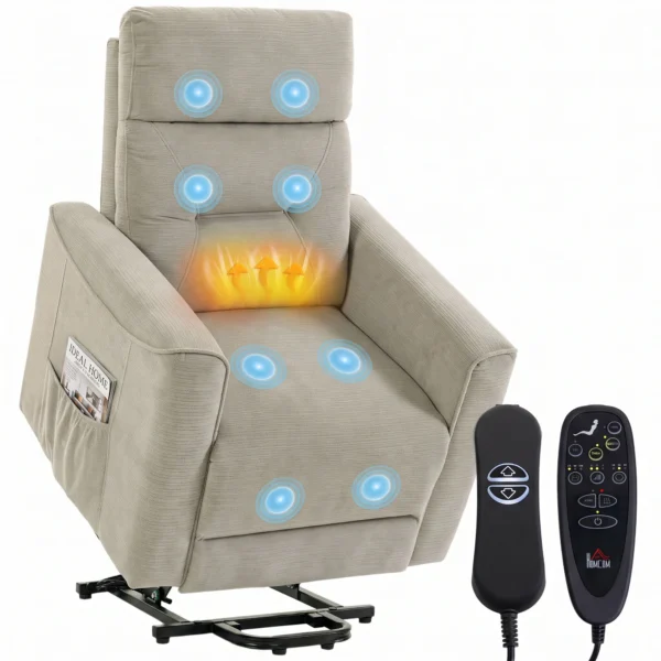 Relaxstoel Met Elektrische Opsta hulp, Massage & Warmte, Chenille stoel Met Pocketvering, Greige