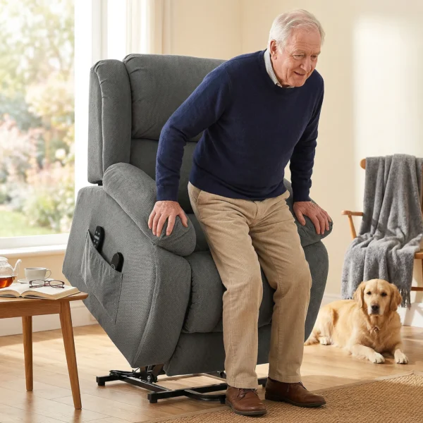 Relaxstoel Met Massage En Verwarmingsfunctie, Elektrische Sta op stoel, Afstandsbediening, Zijvakken, Grijs