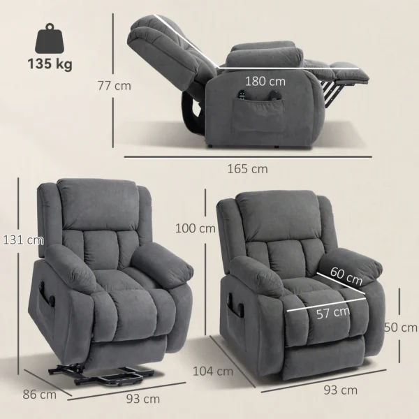 Relaxstoel Met Massage En Verwarmingsfunctie, Elektrische Sta op stoel, Afstandsbediening, Zijvakken, Grijs