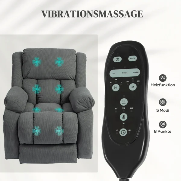 Relaxstoel Met Massage En Verwarmingsfunctie, Elektrische Sta op stoel, Afstandsbediening, Zijvakken, Grijs