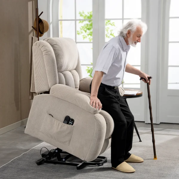 Relaxstoel Met Massage En Verwarmingsfunctie, Elektrische Sta op stoel, Afstandsbediening, Zijzakken, Beige