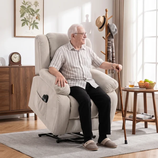Relaxstoel Met Massage En Verwarmingsfunctie, Elektrische Sta op stoel, Afstandsbediening, Zijzakken, Beige