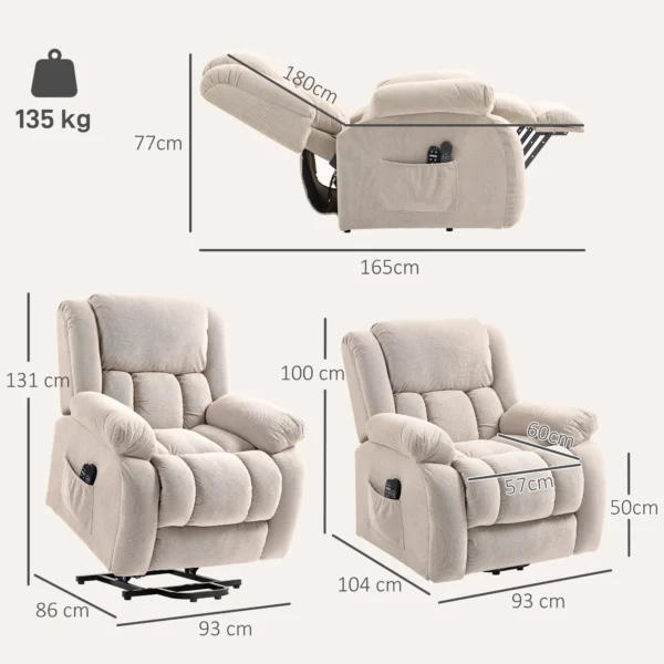 Relaxstoel Met Massage En Verwarmingsfunctie, Elektrische Sta op stoel, Afstandsbediening, Zijzakken, Beige