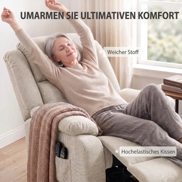 Relaxstoel Met Massage En Verwarmingsfunctie, Elektrische Sta op stoel, Afstandsbediening, Zijzakken, Beige