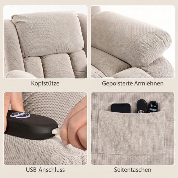Relaxstoel Met Massage En Verwarmingsfunctie, Elektrische Sta op stoel, Afstandsbediening, Zijzakken, Beige