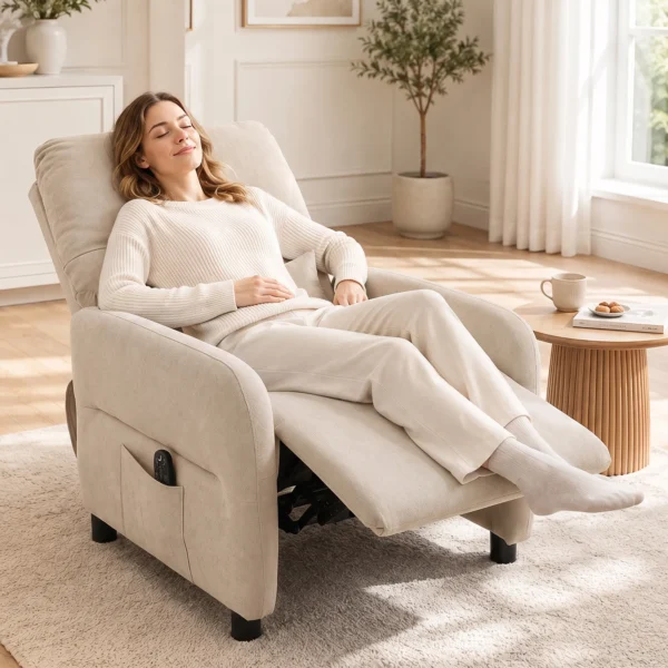 Relaxstoel Met Massage & Warmte, Ligfunctie, 2 Zijzakken En Uitschuifbare Voetensteun, Beige
