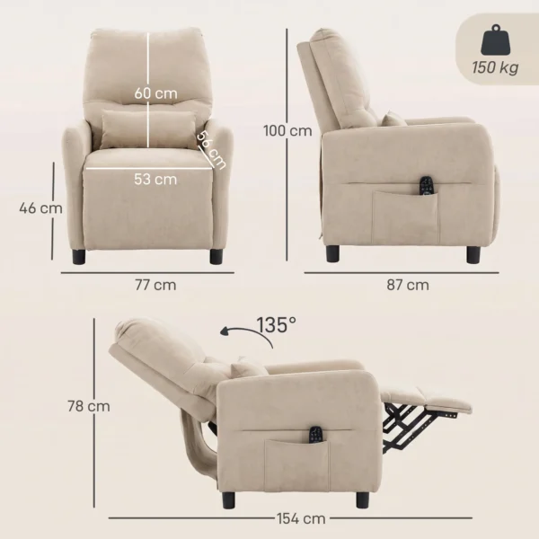 Relaxstoel Met Massage & Warmte, Ligfunctie, 2 Zijzakken En Uitschuifbare Voetensteun, Beige