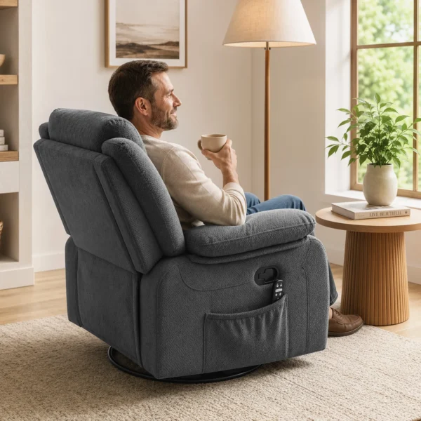 Relaxstoel Met Vibratiemassage En Verwarming, Handmatig Verstelbare Draaistoel Met Schommelfunctie En Pocketvering, Grijs