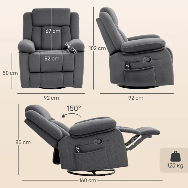 Relaxstoel Met Vibratiemassage En Verwarming, Handmatig Verstelbare Draaistoel Met Schommelfunctie En Pocketvering, Grijs