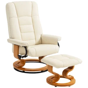Relaxstoel Met Voetenbank, Draaibaar & Kantelbaar, Kunstlederen Bekleding, Tot 150 Kg, Houten Frame, Crèmewit