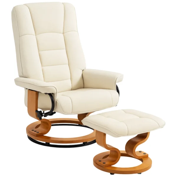 Relaxstoel Met Voetenbank, Draaibaar & Kantelbaar, Kunstlederen Bekleding, Tot 150 Kg, Houten Frame, Crèmewit