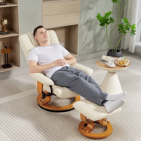 Relaxstoel Met Voetenbank, Draaibaar & Kantelbaar, Kunstlederen Bekleding, Tot 150 Kg, Houten Frame, Crèmewit