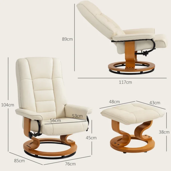Relaxstoel Met Voetenbank, Draaibaar & Kantelbaar, Kunstlederen Bekleding, Tot 150 Kg, Houten Frame, Crèmewit