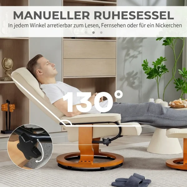 Relaxstoel Met Voetenbank, Draaibaar & Kantelbaar, Kunstlederen Bekleding, Tot 150 Kg, Houten Frame, Crèmewit