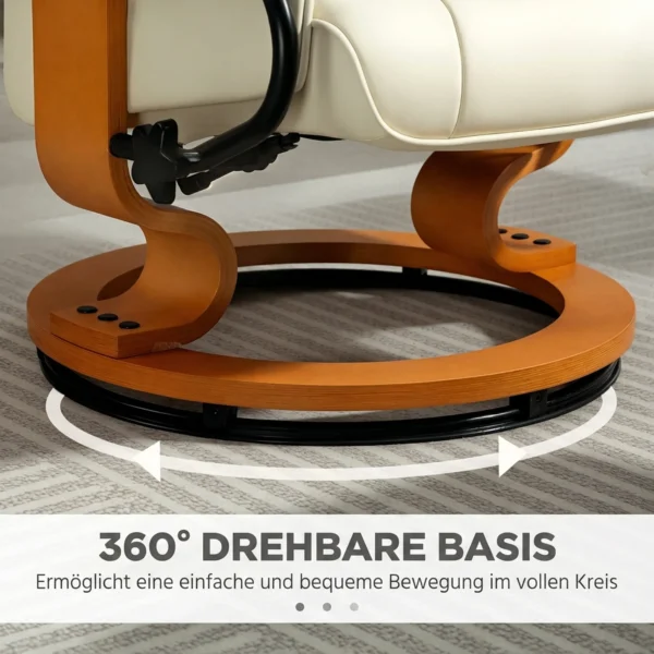 Relaxstoel Met Voetenbank, Draaibaar & Kantelbaar, Kunstlederen Bekleding, Tot 150 Kg, Houten Frame, Crèmewit