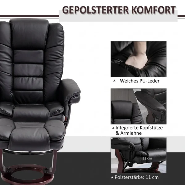 Relaxstoel Met Voetenbank, Ligstoel, Draaibaar, Kantelbare Rugleuning, Lederlook, Tot 130 Kg, Zwart