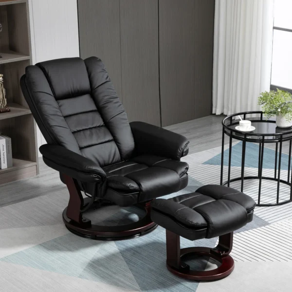 Relaxstoel Met Voetenbank, Ligstoel, Draaibaar, Kantelbare Rugleuning, Lederlook, Tot 130 Kg, Zwart