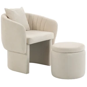 Relaxstoel Met Voetenbank Loungestoel Met Gebogen Rugleuning, Armleuningen, Noordse Chenille Bekleed Beige