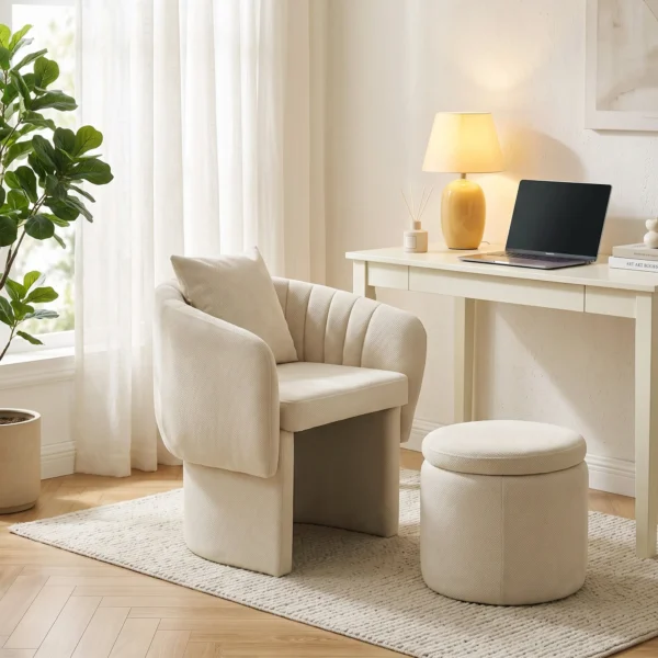 Relaxstoel Met Voetenbank Loungestoel Met Gebogen Rugleuning, Armleuningen, Noordse Chenille Bekleed Beige