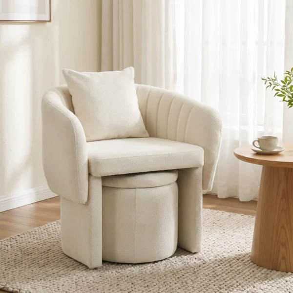 Relaxstoel Met Voetenbank Loungestoel Met Gebogen Rugleuning, Armleuningen, Noordse Chenille Bekleed Beige