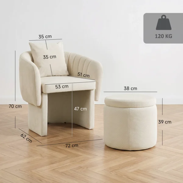 Relaxstoel Met Voetenbank Loungestoel Met Gebogen Rugleuning, Armleuningen, Noordse Chenille Bekleed Beige