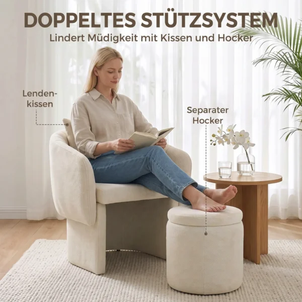 Relaxstoel Met Voetenbank Loungestoel Met Gebogen Rugleuning, Armleuningen, Noordse Chenille Bekleed Beige