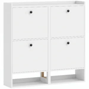 Schoenenkast Met 4 Klapvakken, Verstelbare Scheidingswanden, Open Rek En Bovenste Plank, Wit