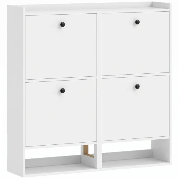 Schoenenkast Met 4 Klapvakken, Verstelbare Scheidingswanden, Open Rek En Bovenste Plank, Wit