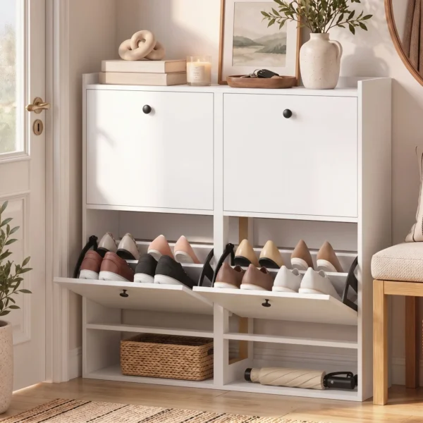 Schoenenkast Met 4 Klapvakken, Verstelbare Scheidingswanden, Open Rek En Bovenste Plank, Wit