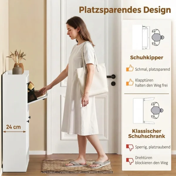 Schoenenkast Met 4 Klapvakken, Verstelbare Scheidingswanden, Open Rek En Bovenste Plank, Wit