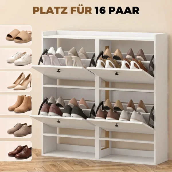 Schoenenkast Met 4 Klapvakken, Verstelbare Scheidingswanden, Open Rek En Bovenste Plank, Wit