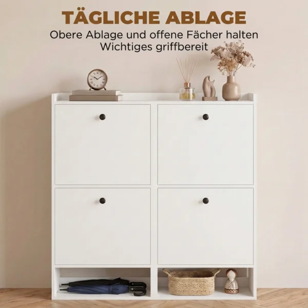 Schoenenkast Met 4 Klapvakken, Verstelbare Scheidingswanden, Open Rek En Bovenste Plank, Wit