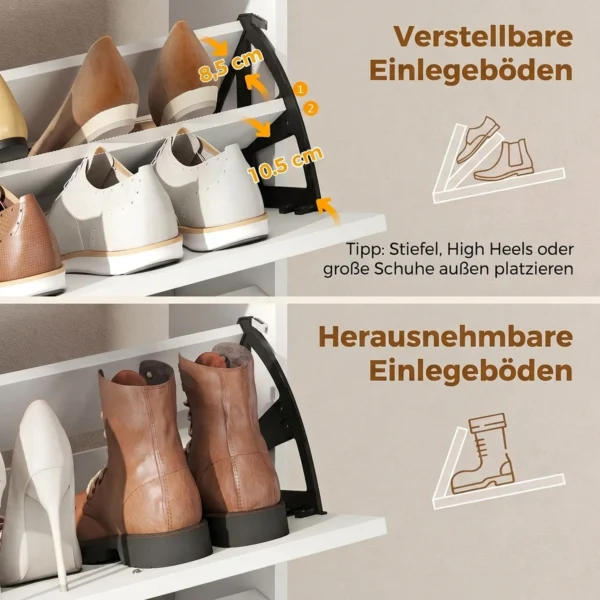 Schoenenkast Met 4 Klapvakken, Verstelbare Scheidingswanden, Open Rek En Bovenste Plank, Wit