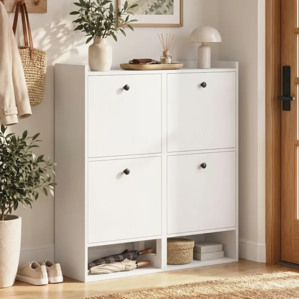 Schoenenkast Met 4 Klapvakken, Verstelbare Scheidingswanden, Open Rek En Bovenste Plank, Wit