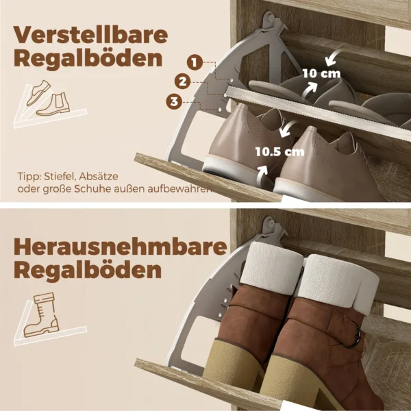 Schoenenkast Met Verstelbare Scheidingswanden, Open Vakken En 3 Klapvakken, Natuurhout