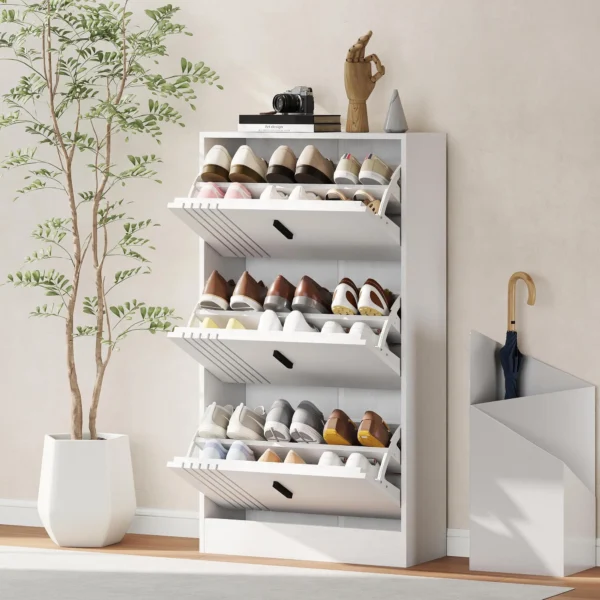 Schoenenkast Voor Maximaal 18 Paar Schoenen Met 3 Kleppen En Verstelbare Legplanken, Wit