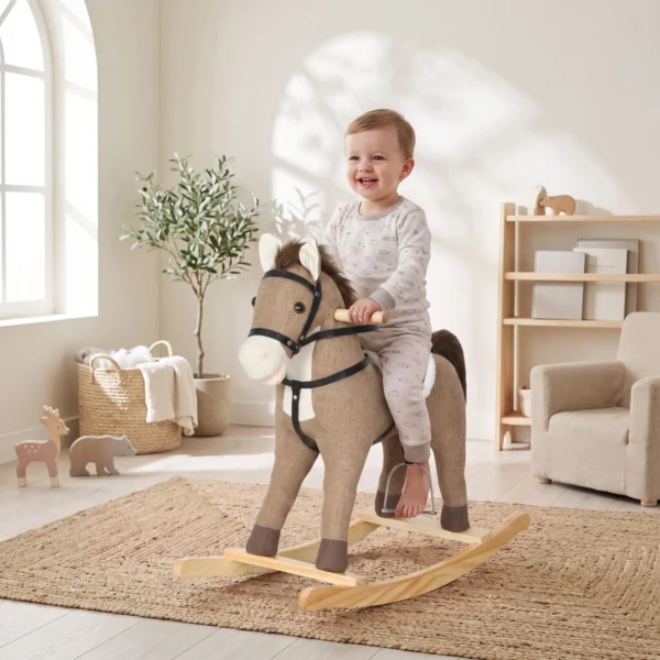 Schommelpaard Met Geluid En Veiligheidsgrepen, Rijdend Paard Met Houten Frame Voor Peuters Van 12 36 Maanden, Donkerbruin