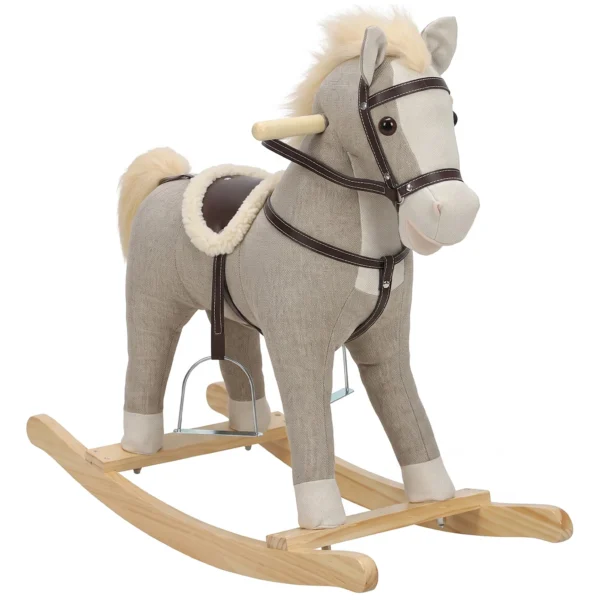 Schommelpaard Met Geluid En Veiligheidsgrepen, Rijdend Paard Met Houten Frame Voor Peuters Van 12 36 Maanden, Grijs