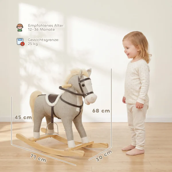 Schommelpaard Met Geluid En Veiligheidsgrepen, Rijdend Paard Met Houten Frame Voor Peuters Van 12 36 Maanden, Grijs