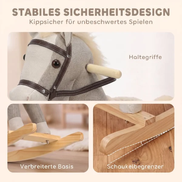 Schommelpaard Met Geluid En Veiligheidsgrepen, Rijdend Paard Met Houten Frame Voor Peuters Van 12 36 Maanden, Grijs