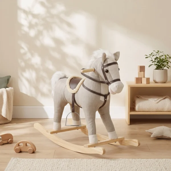 Schommelpaard Met Geluid En Veiligheidsgrepen, Rijdend Paard Met Houten Frame Voor Peuters Van 12 36 Maanden, Grijs
