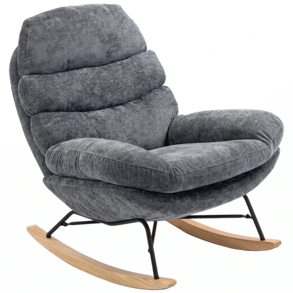 Schommelstoel In Chenille, Stoel Om In Kleermakerszit Te Zitten Met 2 laags Kussen, Zachte Rugleuning, Rubberhout Onderstel, Donkergrijs
