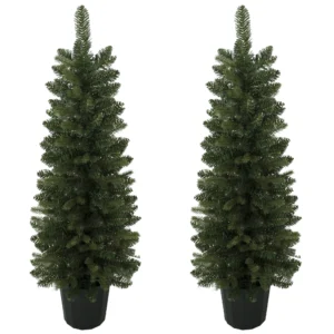Set Van 2 Kunstmatige Kerstbomen, 120 Cm, Spar Voor De Entree Met 170 Takpunten, Plantenpot basis, Groen