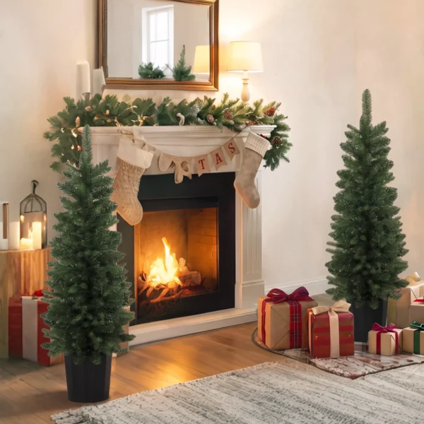 Set Van 2 Kunstmatige Kerstbomen, 120 Cm, Spar Voor De Entree Met 170 Takpunten, Plantenpot basis, Groen