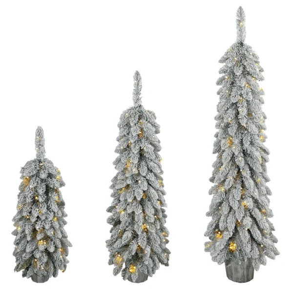 Set Van 3 Besneeuwde Kunstmatige Kerstbomen, Vooraf Verlicht Met PVC takpunten En Warm Witte LED lampjes